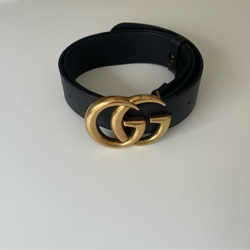 Gucci Black Belt with Gold GG Buckle - Marmont Wide Belt